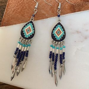 New Silver Blue Aztec Earrings